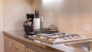 A kitchen with a stainless steel sink, a coffee maker, and a kettle on the counter. - VC2 - LUXURY 2 BEDROOM APARTMENT CERRO CATEDRAL (San Carlos de Bariloche)