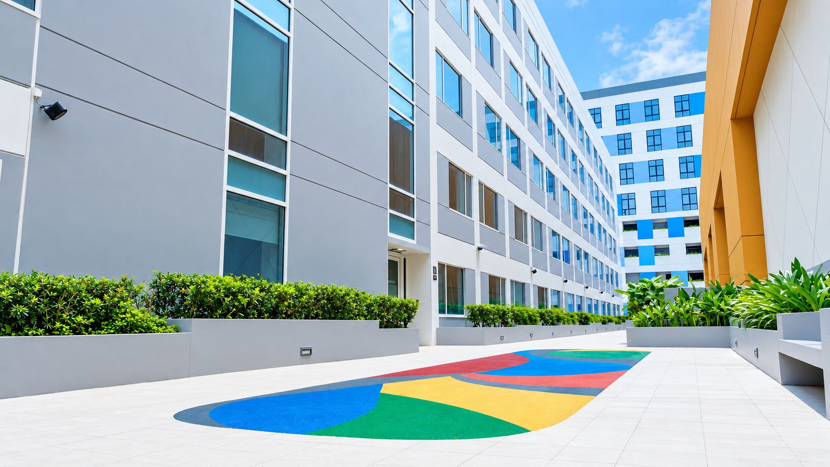 A modern building with a flat roof, large windows, and a colorful geometric pattern on the ground.