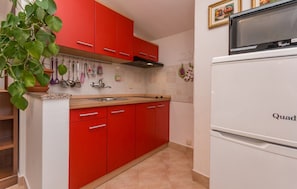 Kitchen area with a refrigerator, sink, and potted plant.