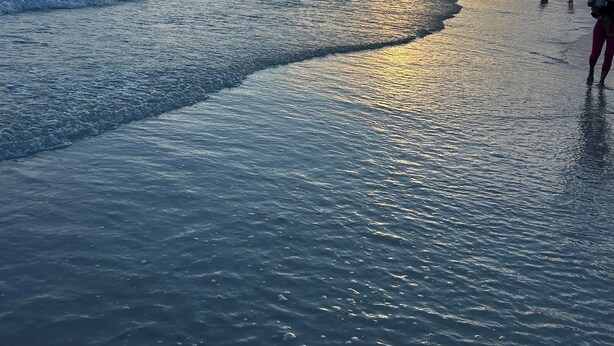 A beach with waves, a pier, and people.