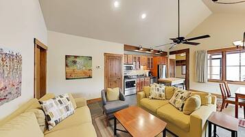 Smart TV, fireplace, video games, DVD player