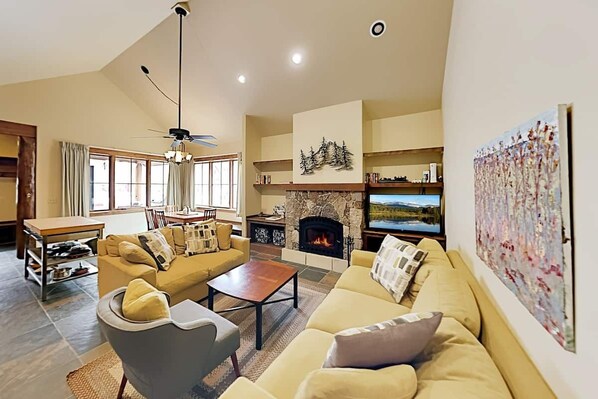 Smart TV, fireplace, video games, DVD player