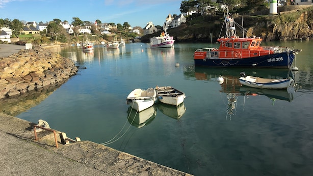 Un puerto con barcos, un faro y casas a lo largo de la costa.