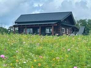 Een blokhut met een schuin dak en een veranda, omringd door een veldbloemveld.