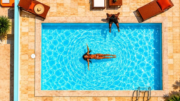 A rectangular swimming pool with a tiled deck, two lounge chairs, a small table with a plant, and a ladder. - Inn House Santa Teresa (Rio de Janeiro)