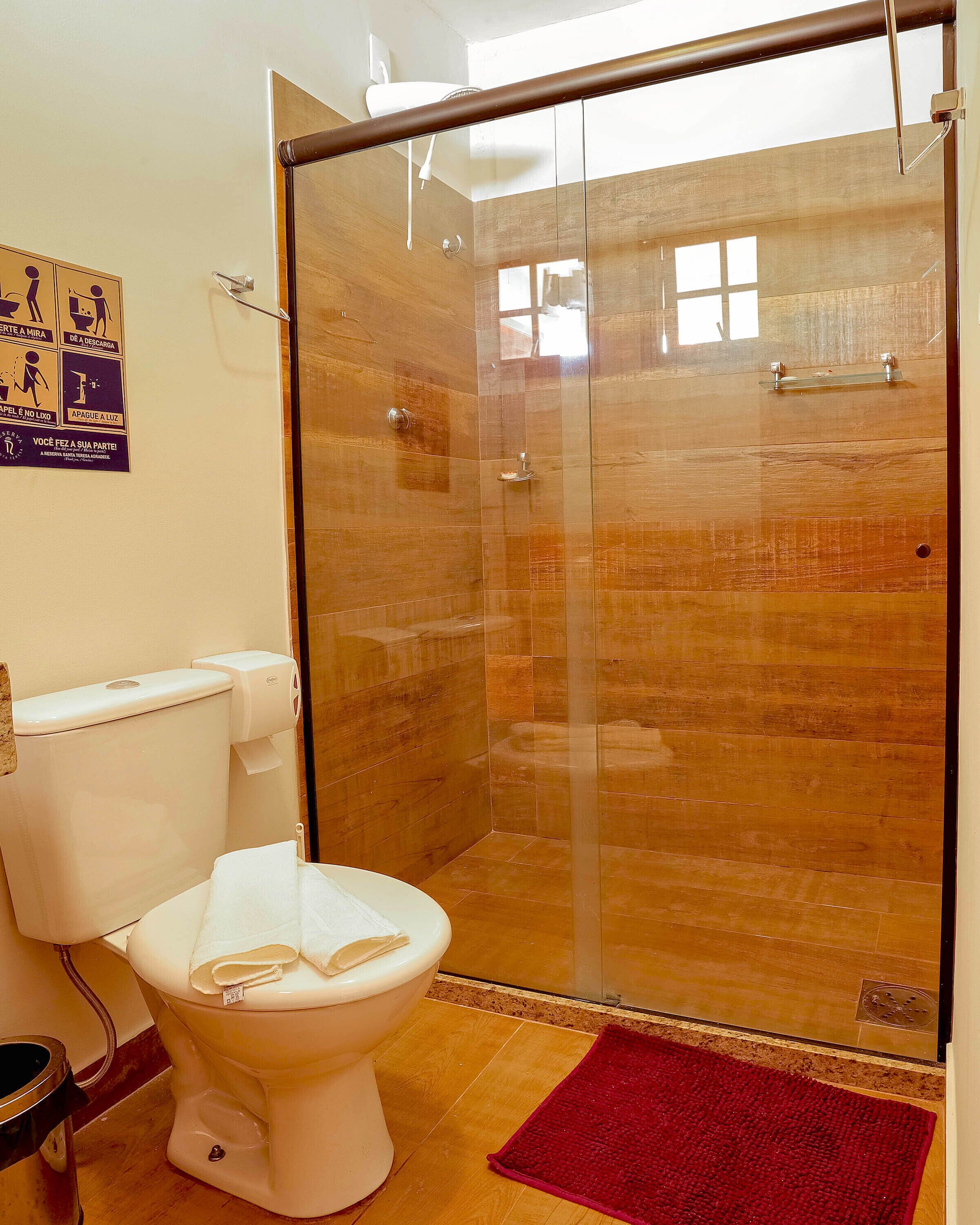 A bathroom with a glass-enclosed shower, a toilet, and a red rug.