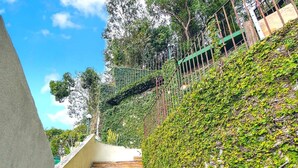 A staircase with wooden steps leading up a stone wall, surrounded by greenery and a clear blue sky. - Inn House Santa Teresa (Rio de Janeiro)