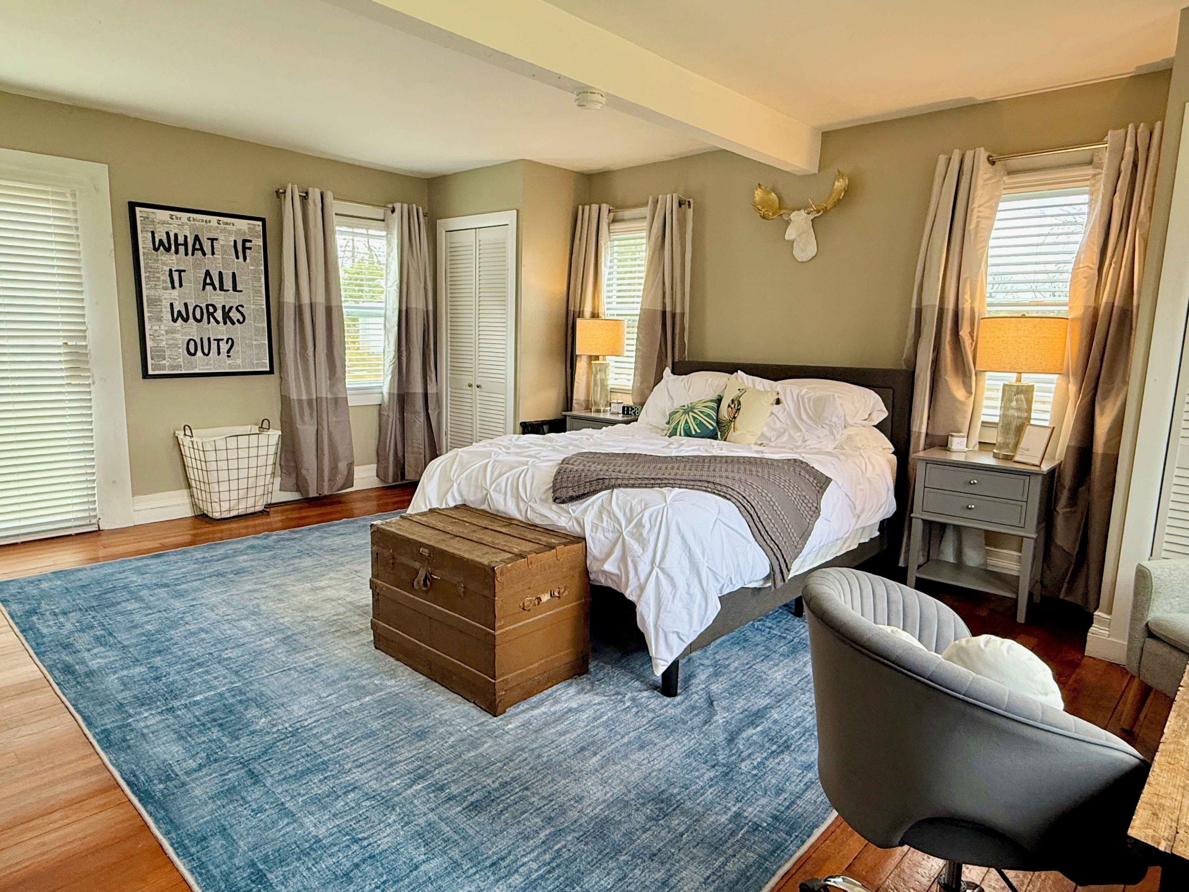 1 bedroom, desk, iron/ironing board, travel crib