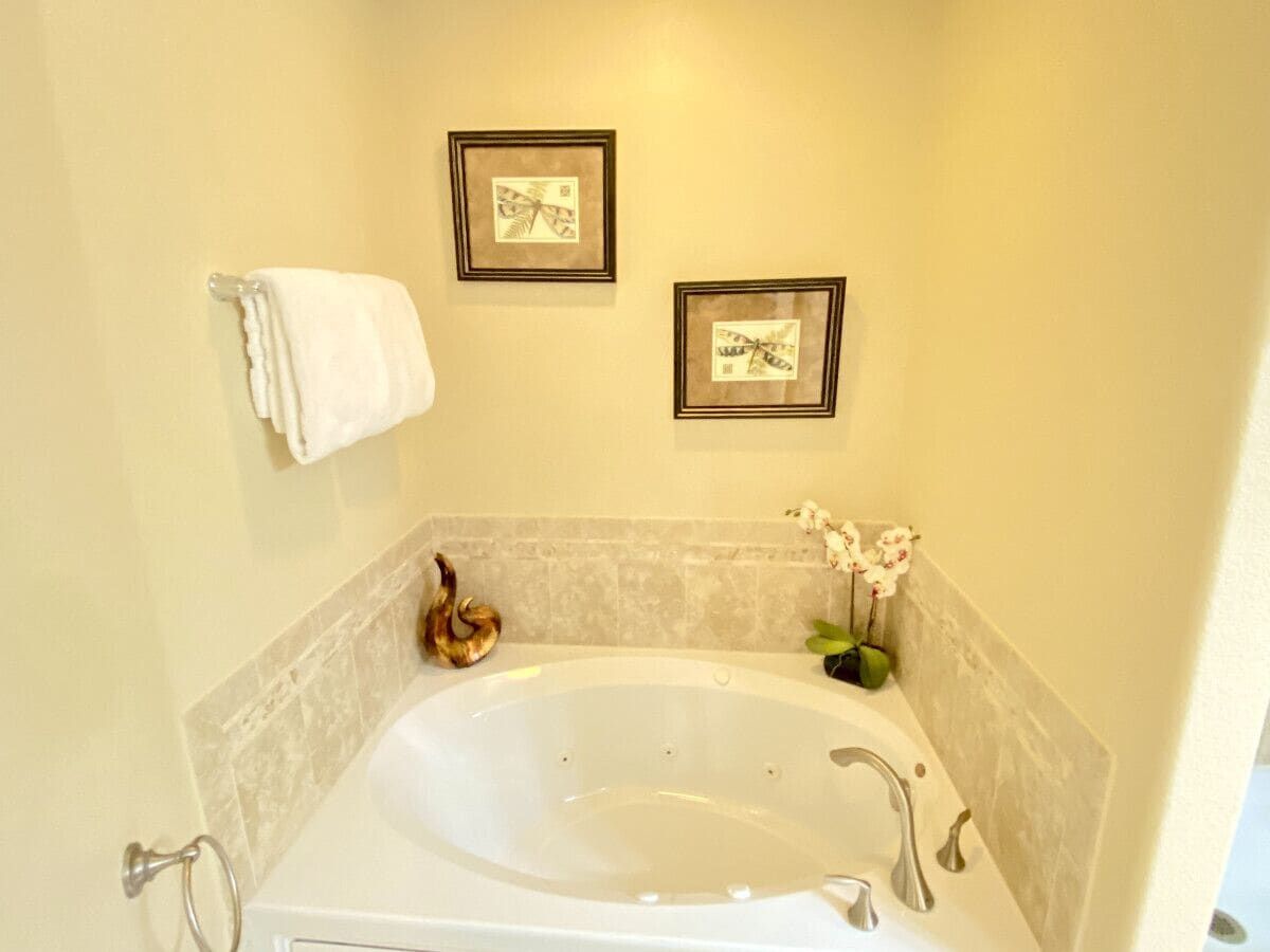 A bathroom with a bathtub, a towel rack, and two framed pictures on the wall.