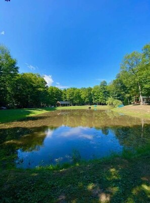 A serene pond surrounded by lush greenery and trees, with a clear blue sky above. - Cana Tent & Breakfast (FLX Glamping for 2+) (Rushville)