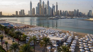 A coastal cityscape with a marina, beachside seating, and a prominent skyline.