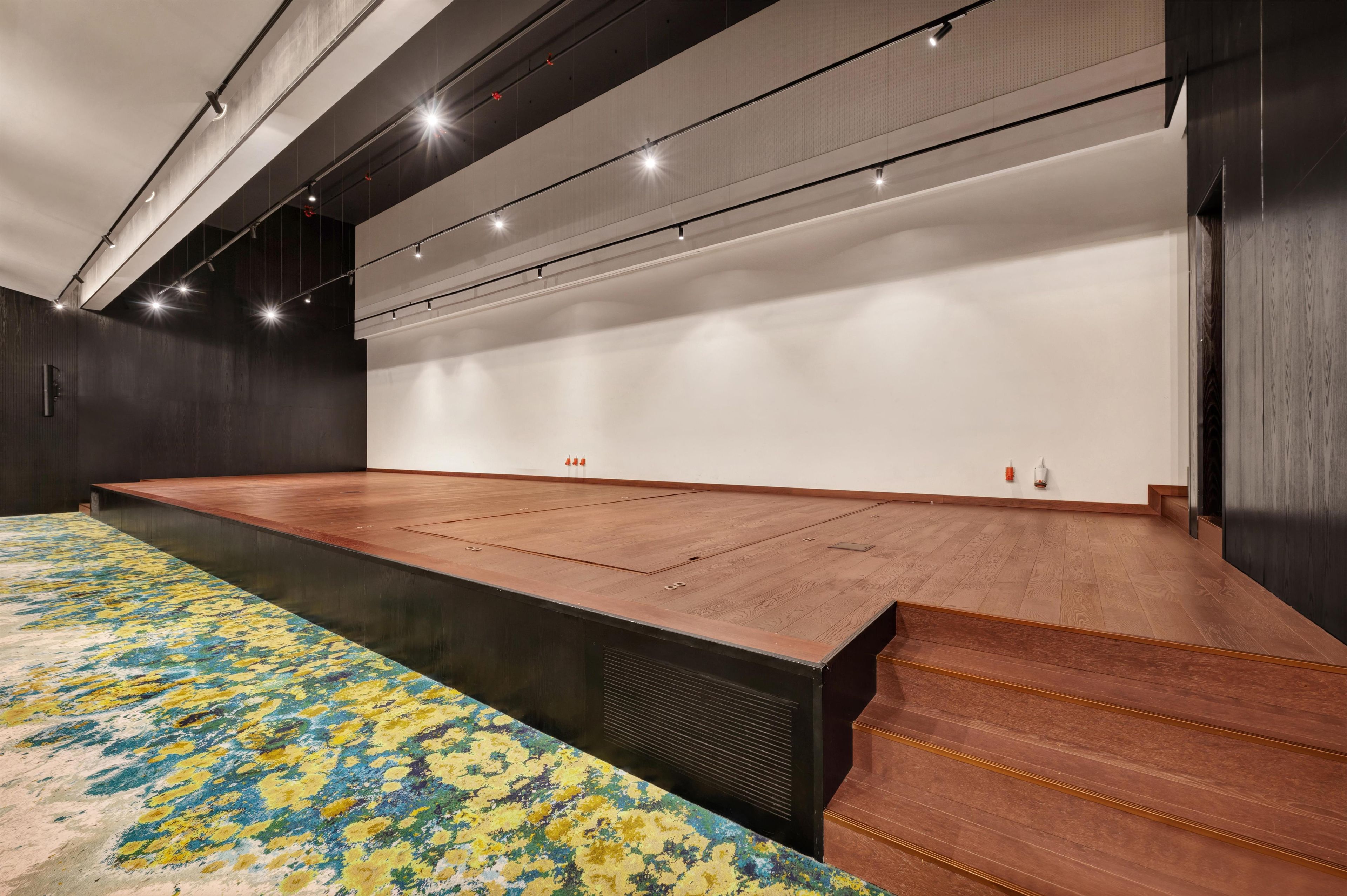A spacious room with a large stage, a patterned carpet, and a staircase.