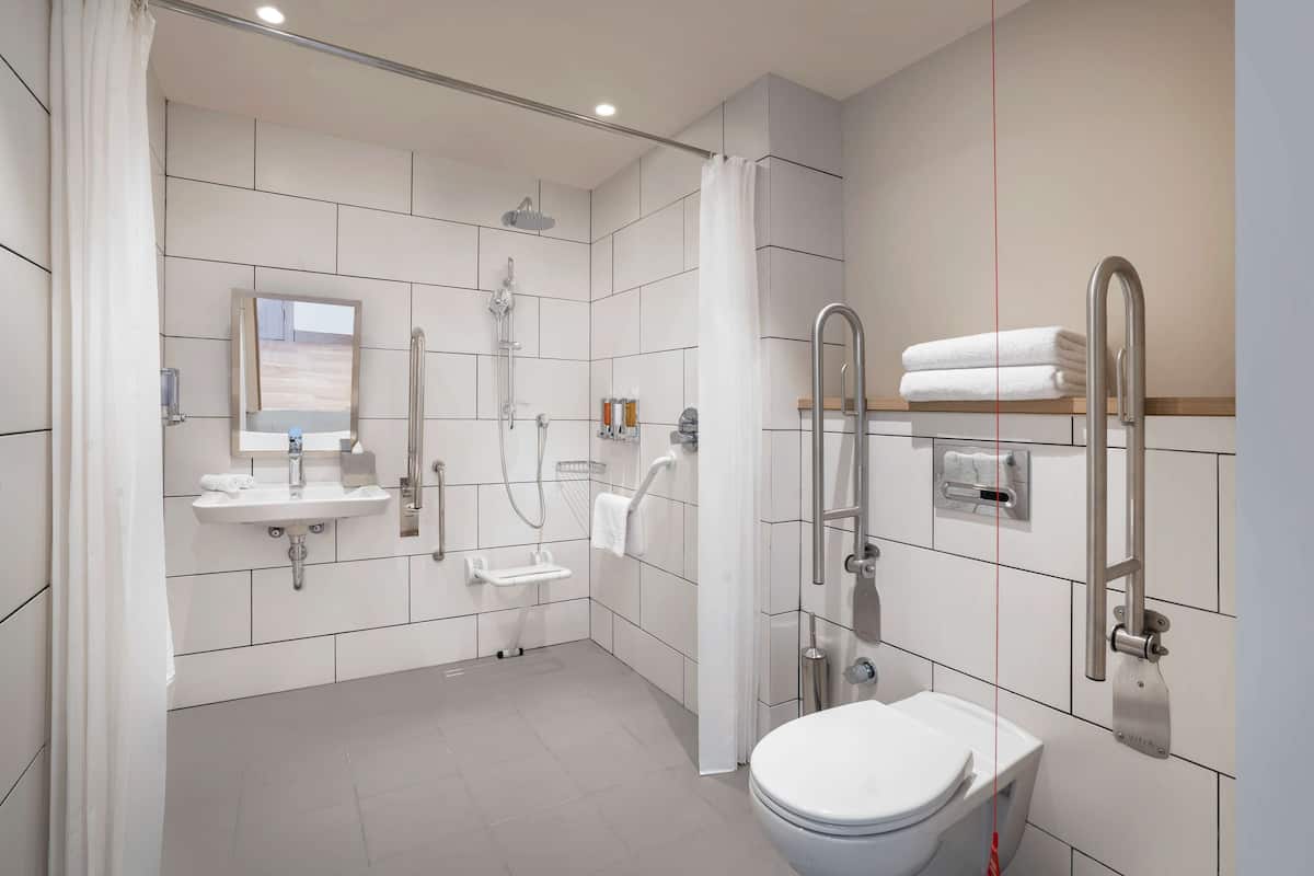 room, 1 queen bed, accessible | bathroom shower