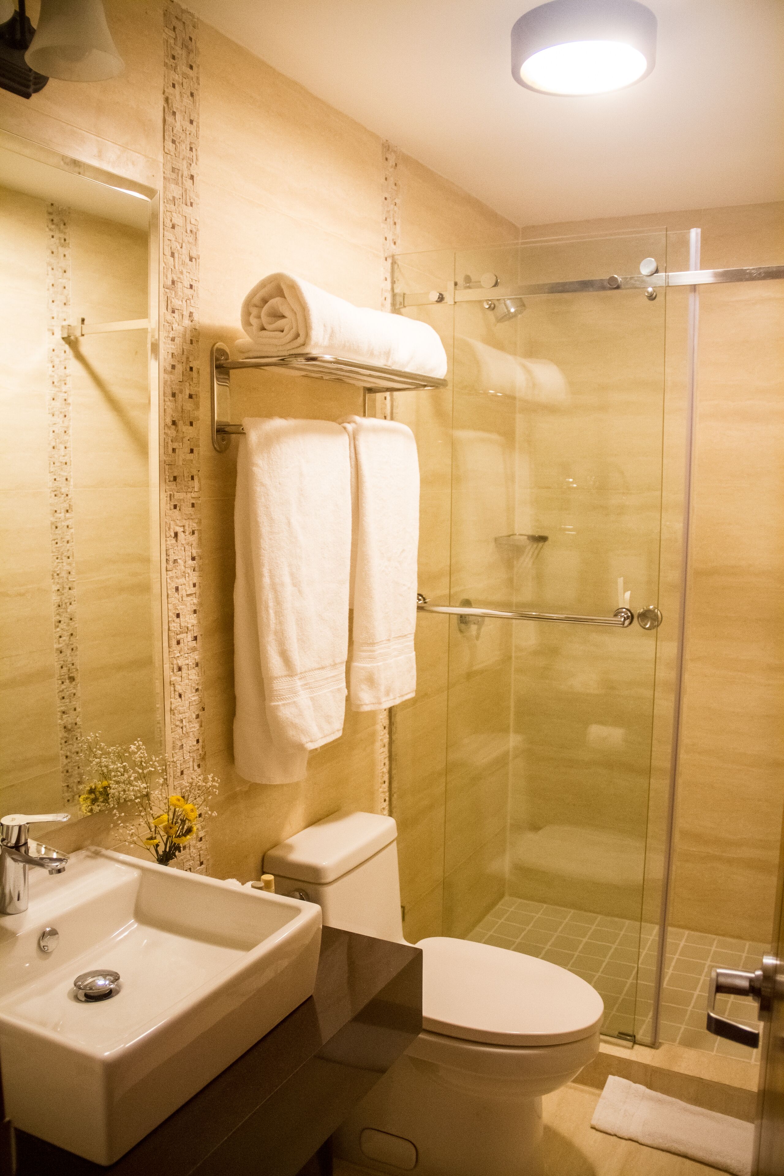Un baño con ducha de vidrio, lavamanos e inodoro.