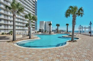 Outdoor pool, a heated pool, pool loungers