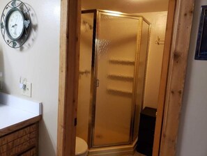 Shower, towels, soap, toilet paper