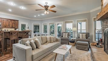 Smart TV, fireplace, video games, DVD player