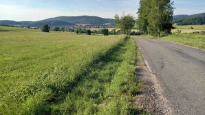 A rural road with grassy fields and a village in the distance. - Beautiful 4 Bedroom apartment (Chvalsiny)