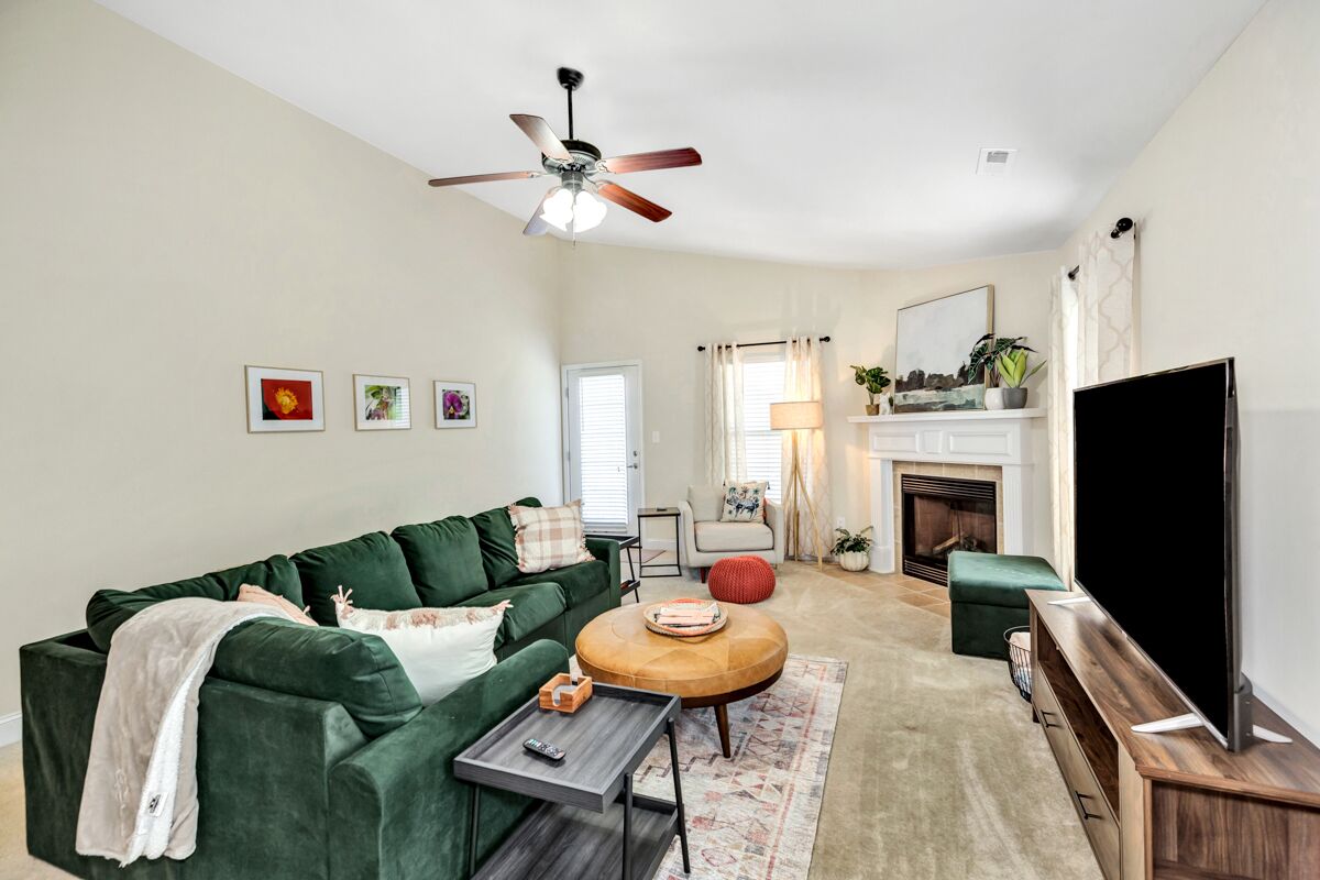 Smart TV, fireplace, DVD player, books