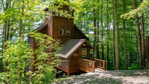 Eine Holzhütte mit Balkon, umgeben von dichtem Wald.