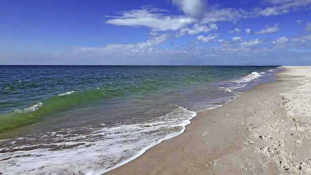 Una playa con aguas azules cristalinas y una orilla arenosa.