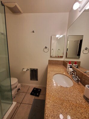 Combined shower/bathtub, towels, soap, toilet paper