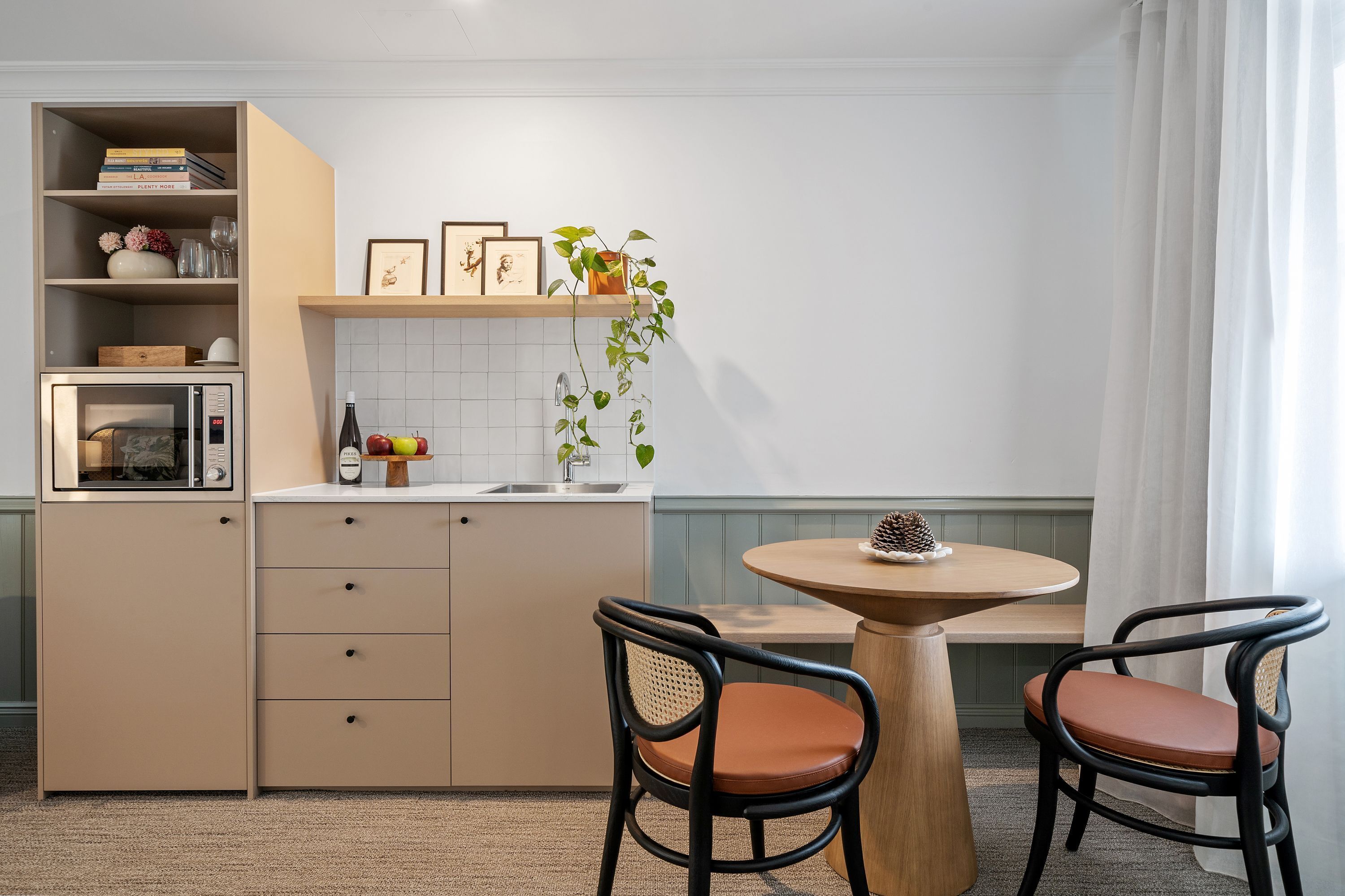 mini-fridge, microwave, electric kettle, toaster