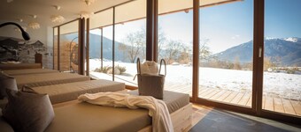 Appartement "Leierhof Brimella" avec vue sur les montagnes, piscine, sauna, balcon et jardin