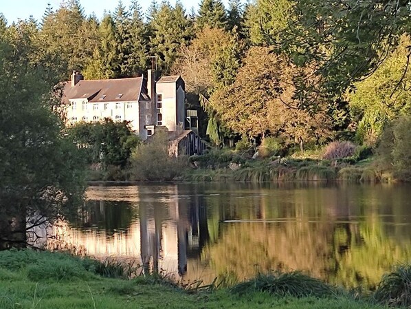 A large house with a pond in front, surrounded by trees.