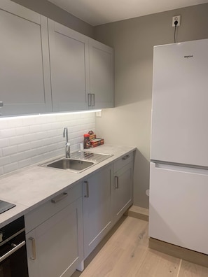 Stort kylskåp, ugn, spishäll och vattenkokare