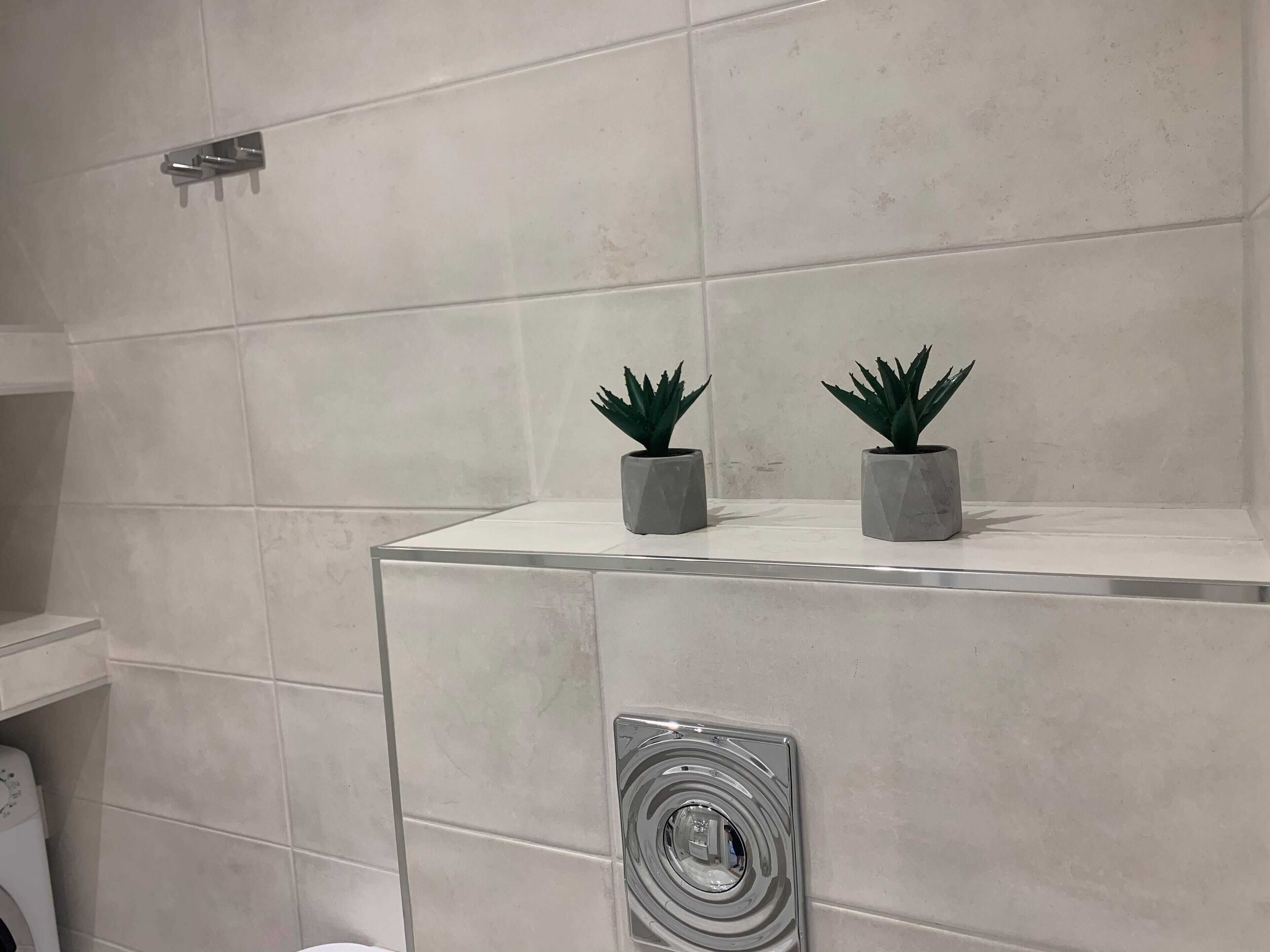 Shower, hydromassage showerhead, free toiletries, hair dryer
