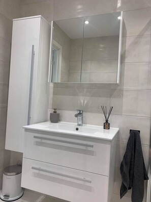 Shower, hydromassage showerhead, free toiletries, hair dryer