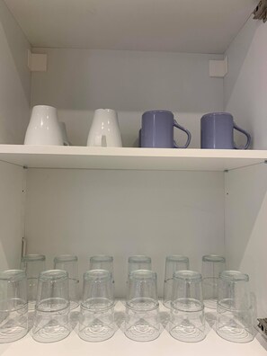 Full-sized fridge, oven, stovetop, electric kettle