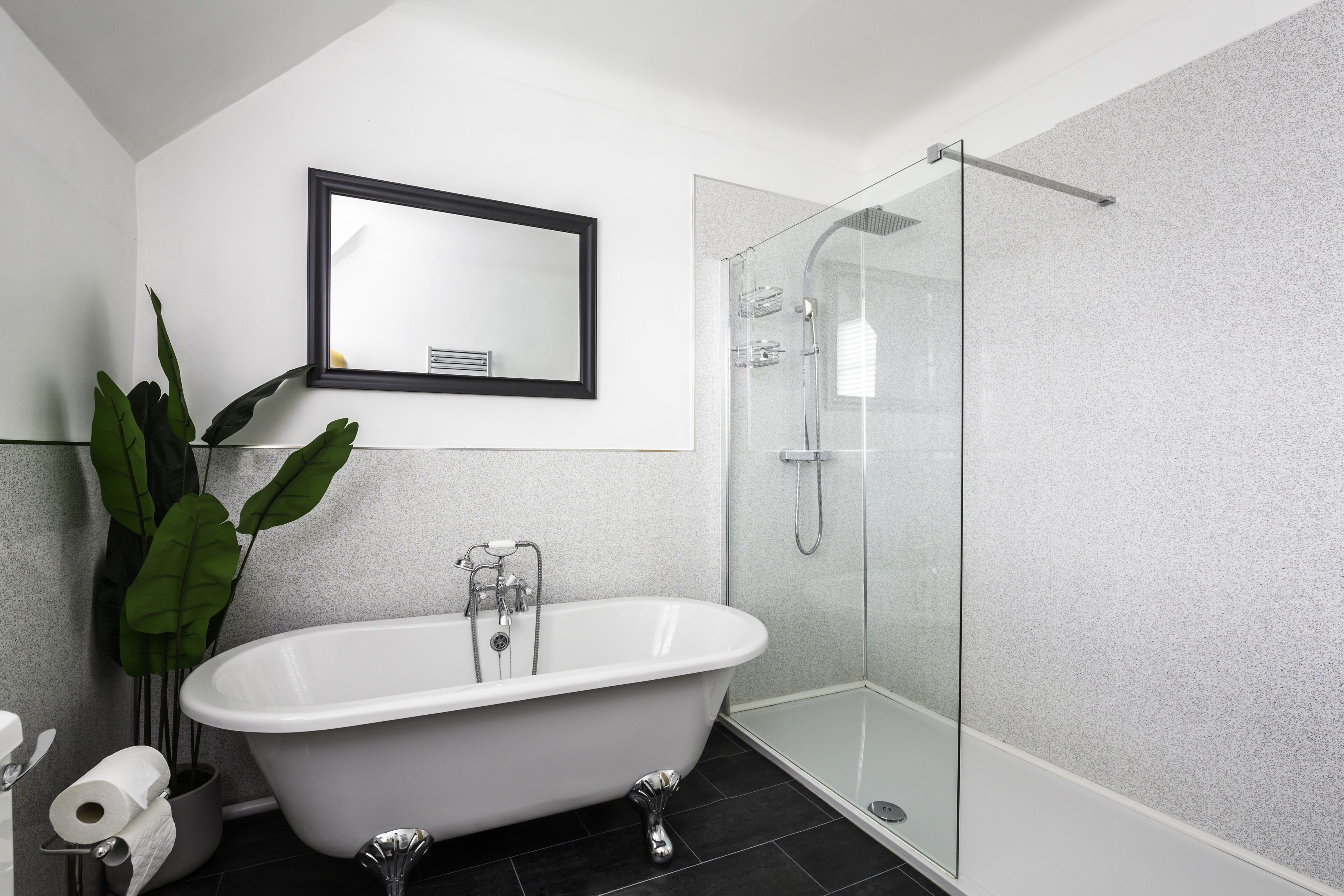 Bathtub, hair dryer, towels, soap