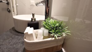 A bathroom with a white sink, a modern faucet, and a small potted plant on the counter.