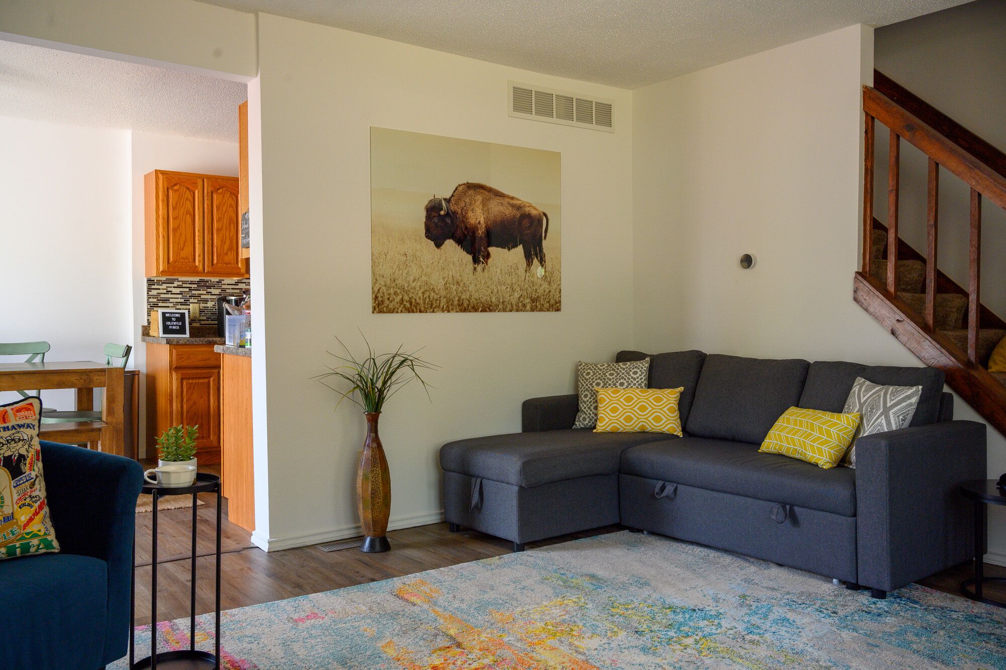 A living room with a gray sectional sofa, a colorful rug, a wall-mounted painting of a bison, and a small plant.