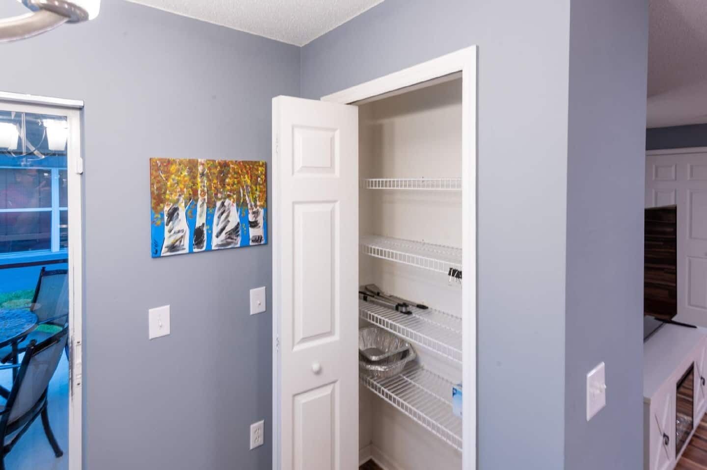 A room with a grey wall, a white door, and a shelving unit with storage bins. There is a window with a view of a patio and a painting on the wall.