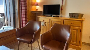 Un salon chaleureux avec deux fauteuils en cuir, un meuble en bois sur lequel est posée une télévision, et une fenêtre donnant sur l’extérieur.