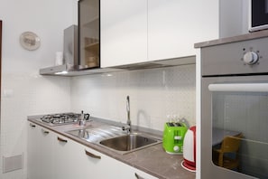 Uma cozinha moderna com fogão a gás, pia de aço inoxidável e forno embutido.