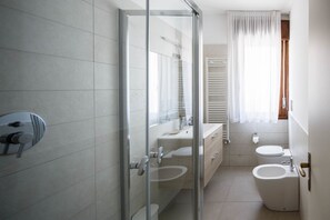 Combined shower/bathtub, hair dryer, bidet, towels