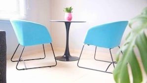 Una habitación con dos sillas azules, una mesa redonda pequeña con una planta rosa y una planta verde grande al frente.