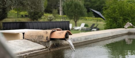 Una piscina amb una sortida d'aigua, envoltada de verdura i mobles d'exterior.