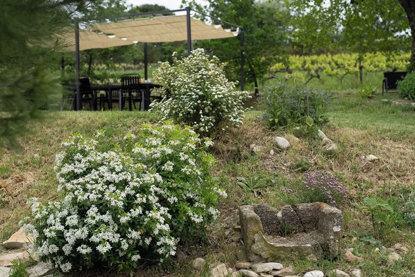 A garden with white flowering bushes, a stone bench, and a shaded seating area with tables and chairs. - Logement Dans Mas au Milieu des Vignes (Villedieu)
