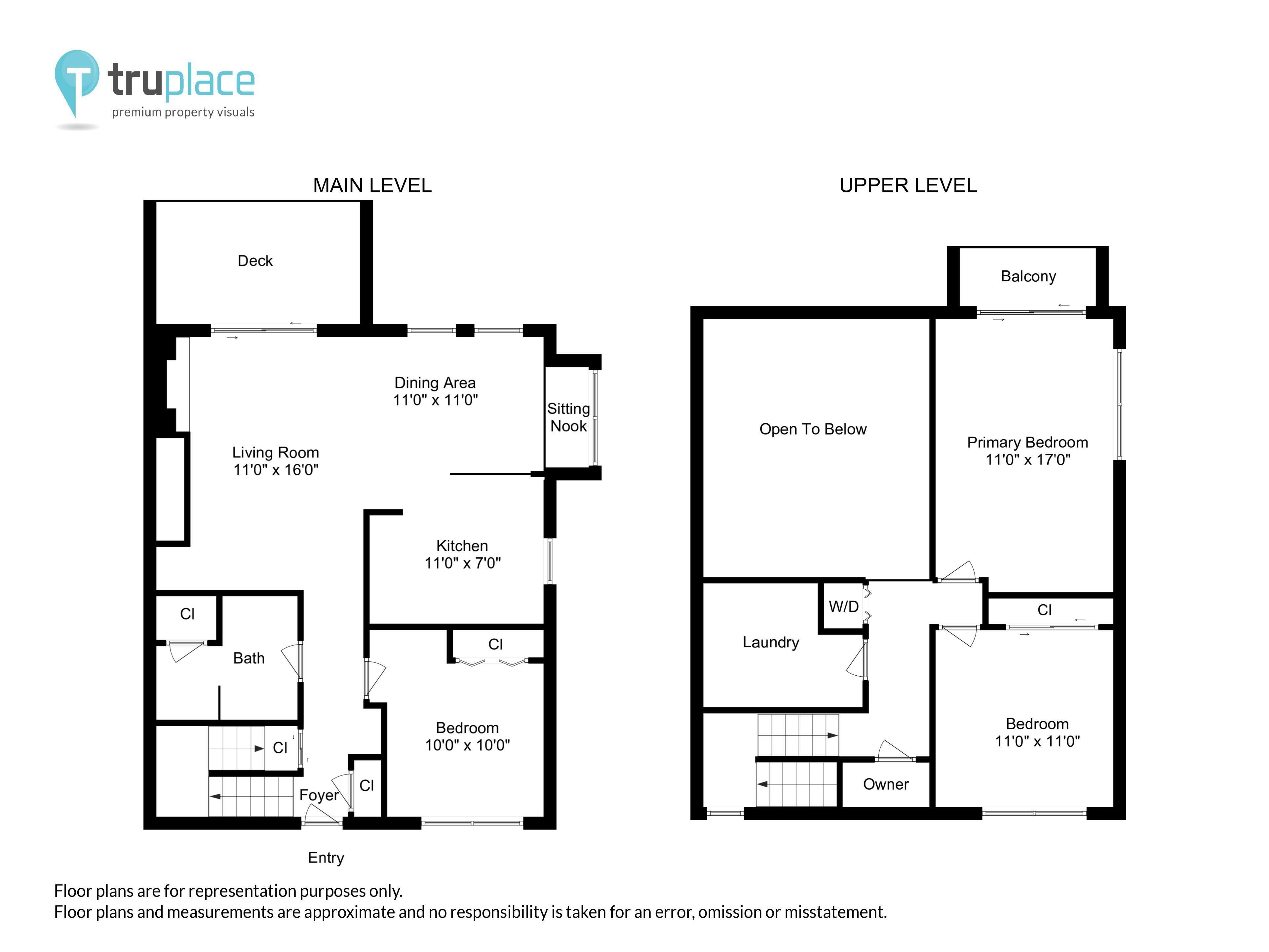 Two floor plans of a property with a main level and an upper level. The main level includes a living room, dining area, kitchen, two bedrooms, a bathroom, a foyer, and a sitting nook. The upper level has a balcony, a primary bedroom, a laundry room, and two additional bedrooms.