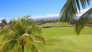 Un campo de golf con palmeras, cielo despejado y montañas al fondo.