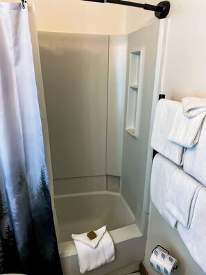 Tina con regadera, secadora de cabello, toallas, jabón 