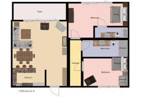 Distribución de un apartamento de 111 metros cuadrados con cocina, comedor, patio, dos dormitorios y un baño con ducha.