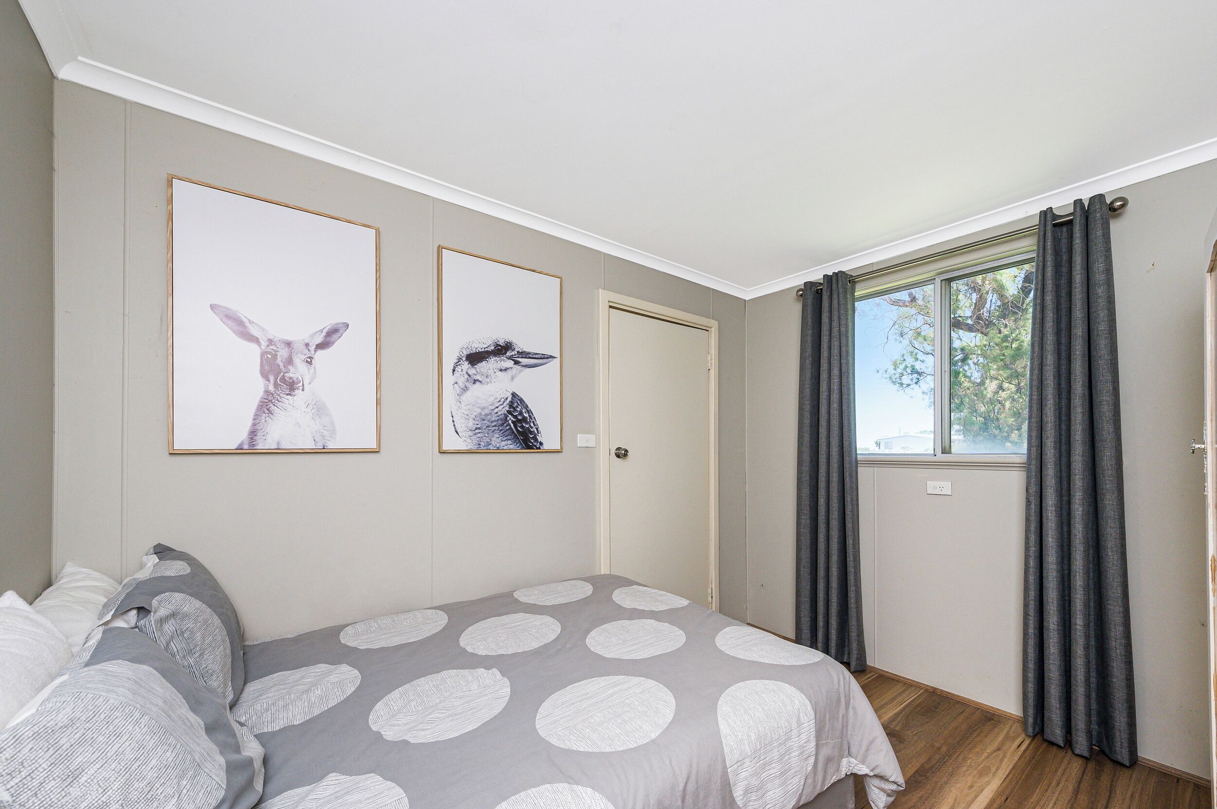 A bedroom with a bed, two framed animal pictures on the wall, a window with curtains, and a door.