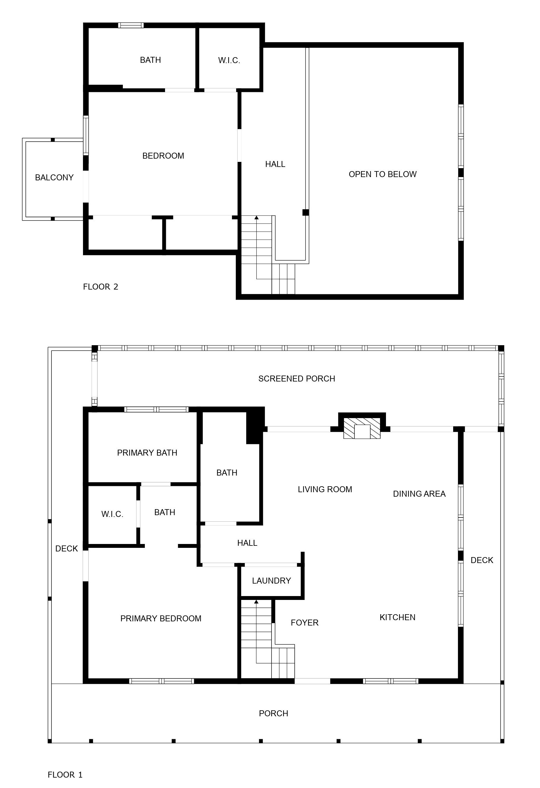 A floor plan of a hotel with two floors. The top floor includes a bedroom, bathroom, W.C., hall, and balcony. The bottom floor features a primary bedroom, primary bathroom, W.C., living room, dining area, kitchen, laundry, foyer, and screened porch.