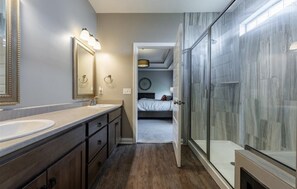 Combined shower/tub, hair dryer, towels, soap
